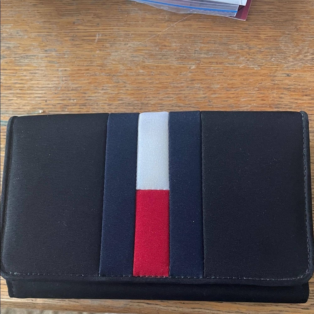 Tommy Hilfiger Black Wallet with Red, White, and Blue Stripe